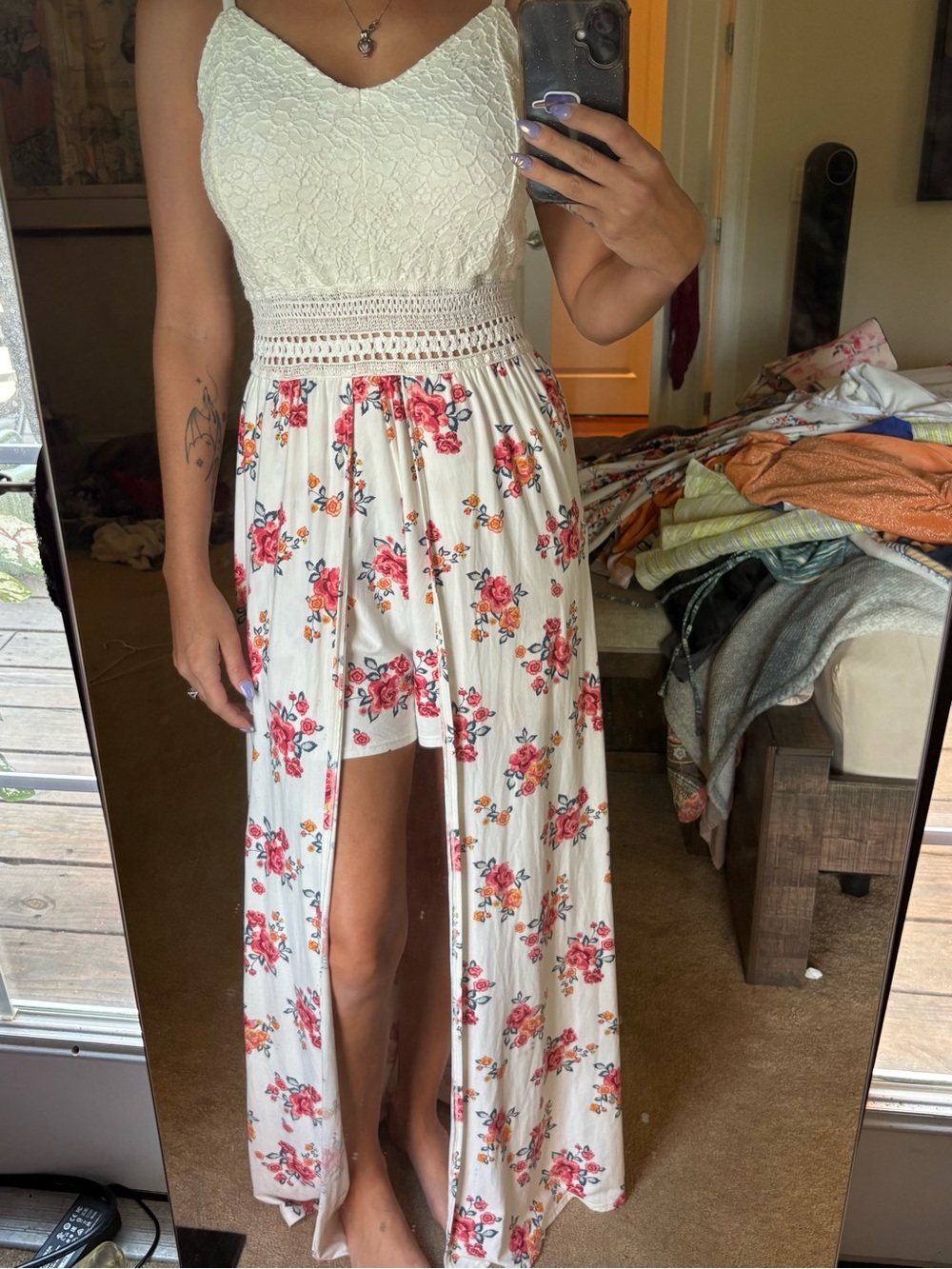 Floral Split Maxi Shorts Skirt in Cream/ White with Pink & Red Blossoms